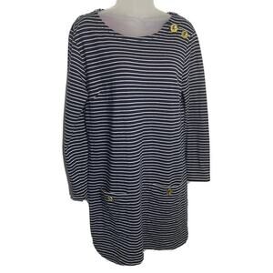 Sail to Sable Shirt‎ Dress Long Sleeve Navy Blue Striped Medium Pockets Coastal